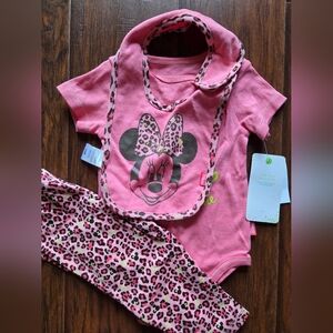 Disney Baby Minnie Pink Leopard Print 3 Piece Layette Set 6-9 Mo